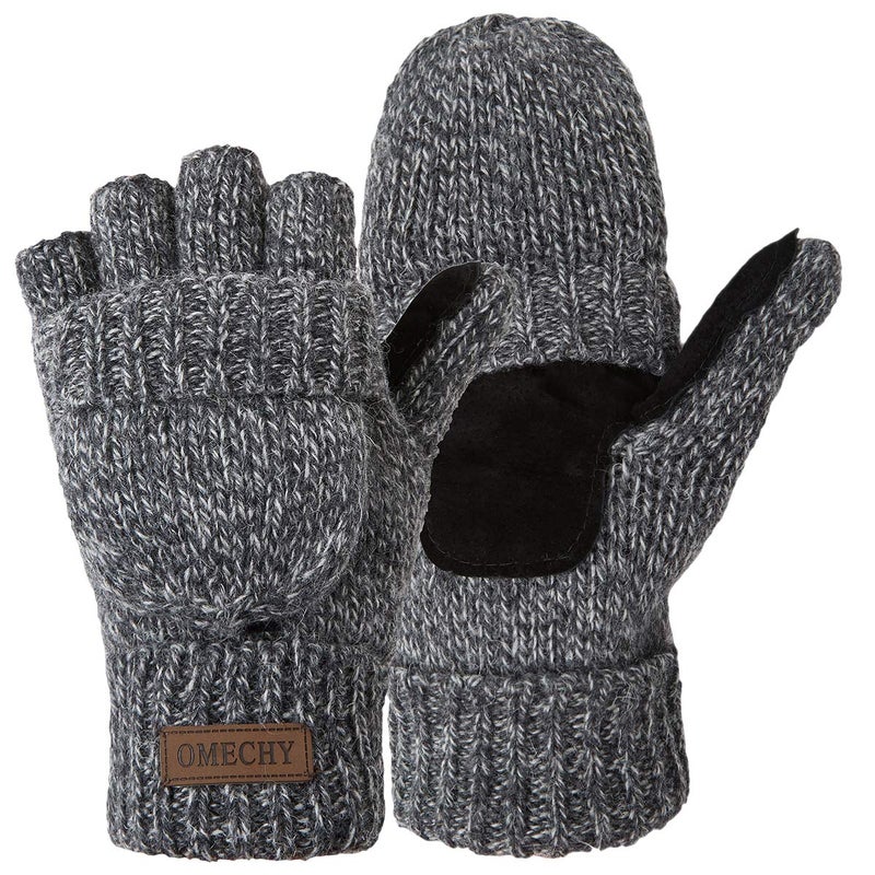 OMECHY Winter Knitted Fingerless Wool Gloves Thermal Insulation Warm Convertible Mittens Flap Cover for Men Women - Image 1
